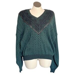 Puritan Green Black Herringbone V Neck Sweater Mens 3XL Acrylic Leather Trim
